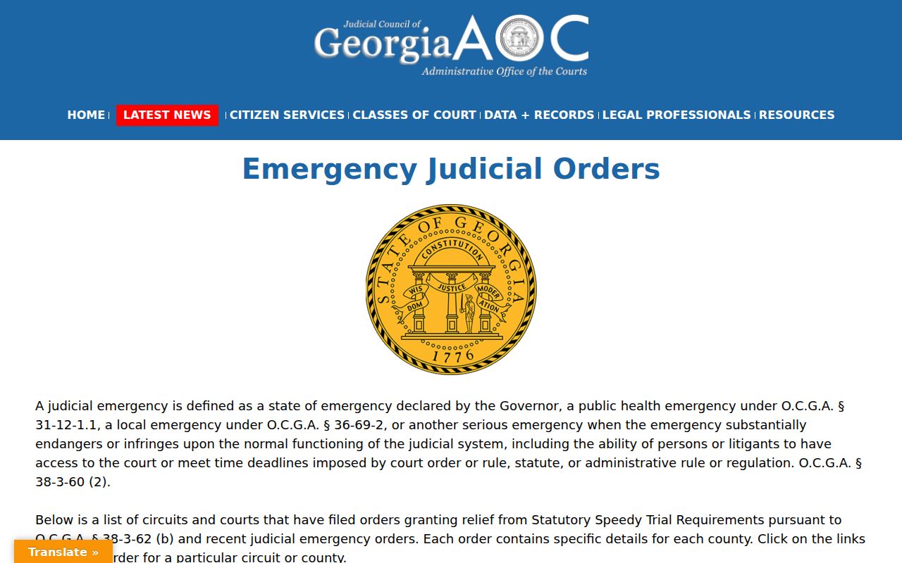 Georgia emergency orders affecting a Bartow County court calendar