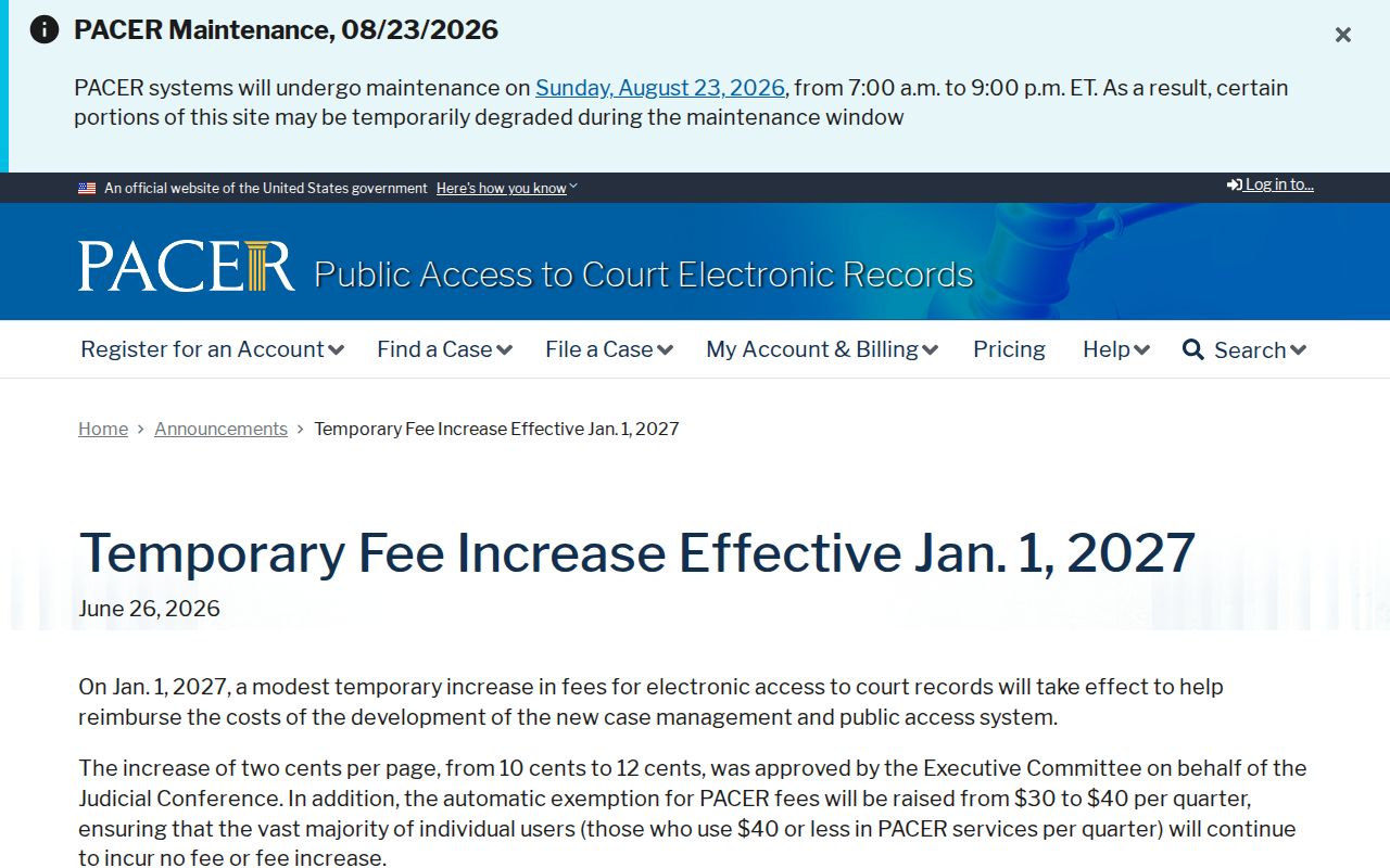 Federal court records fee notice for Bartow County searches